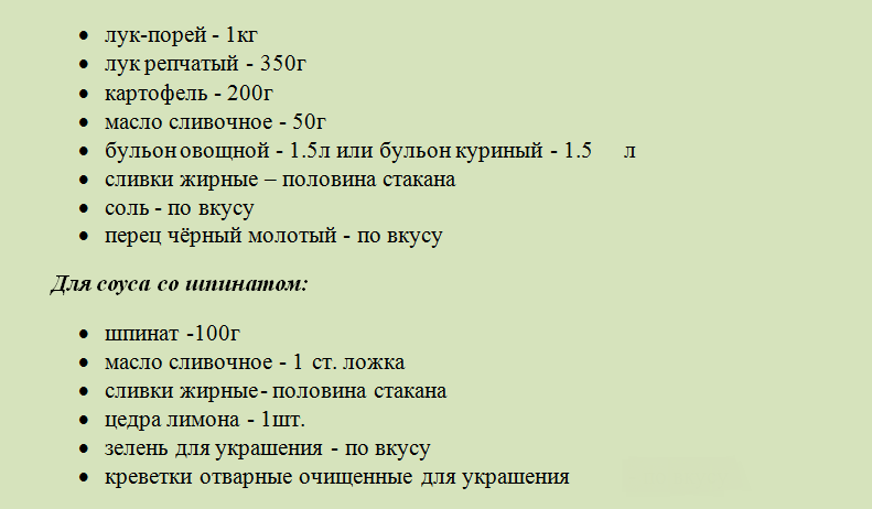 Продукты для приготовления лечебного супа из лука-порея со сливками