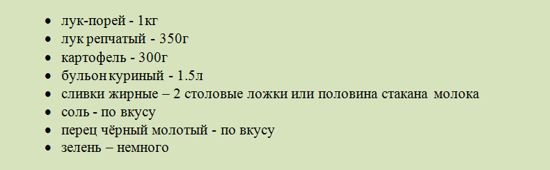 Продукты для приготовления лечебного супа из лука-порея с картофелем
