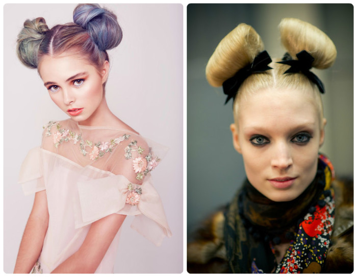 Прическа с двумя шишками.