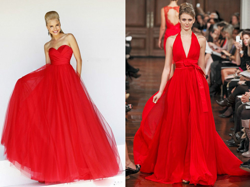 модели в красным платьях в пол