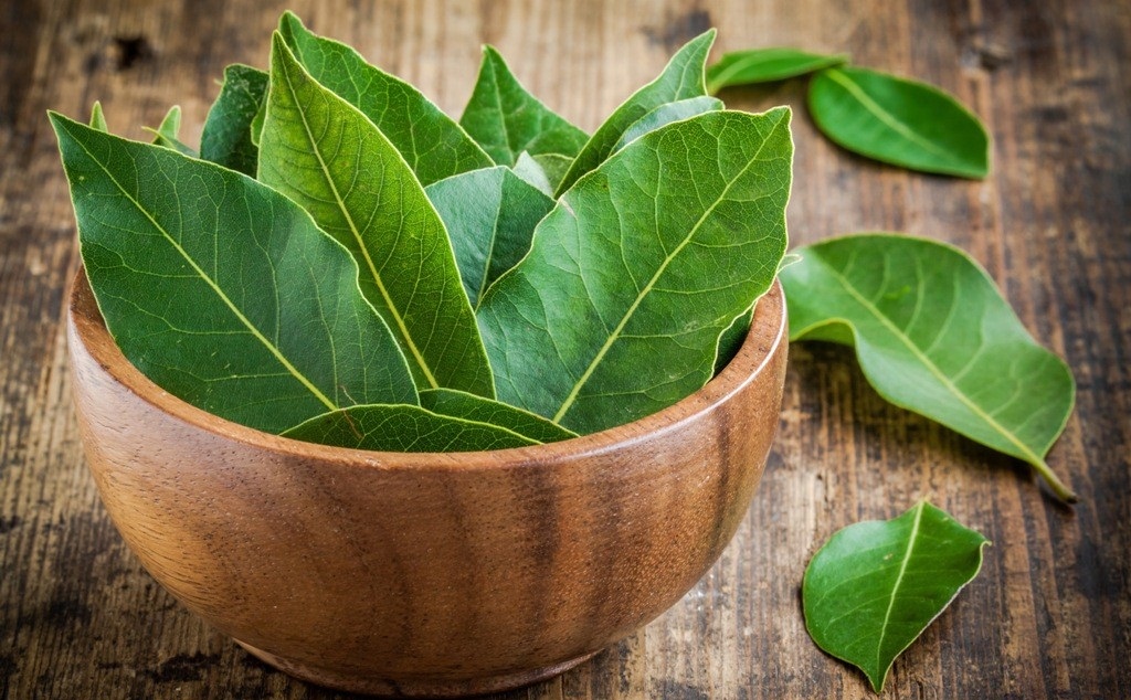 сухие лавровые листья в деревянной миске для приготовления ванны для ног от потливости